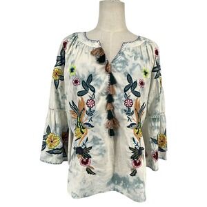 Chicos Boho Embroidered Floral Tassel Tie Dye Bell Sleeve Peasant Blouse Top 2 M